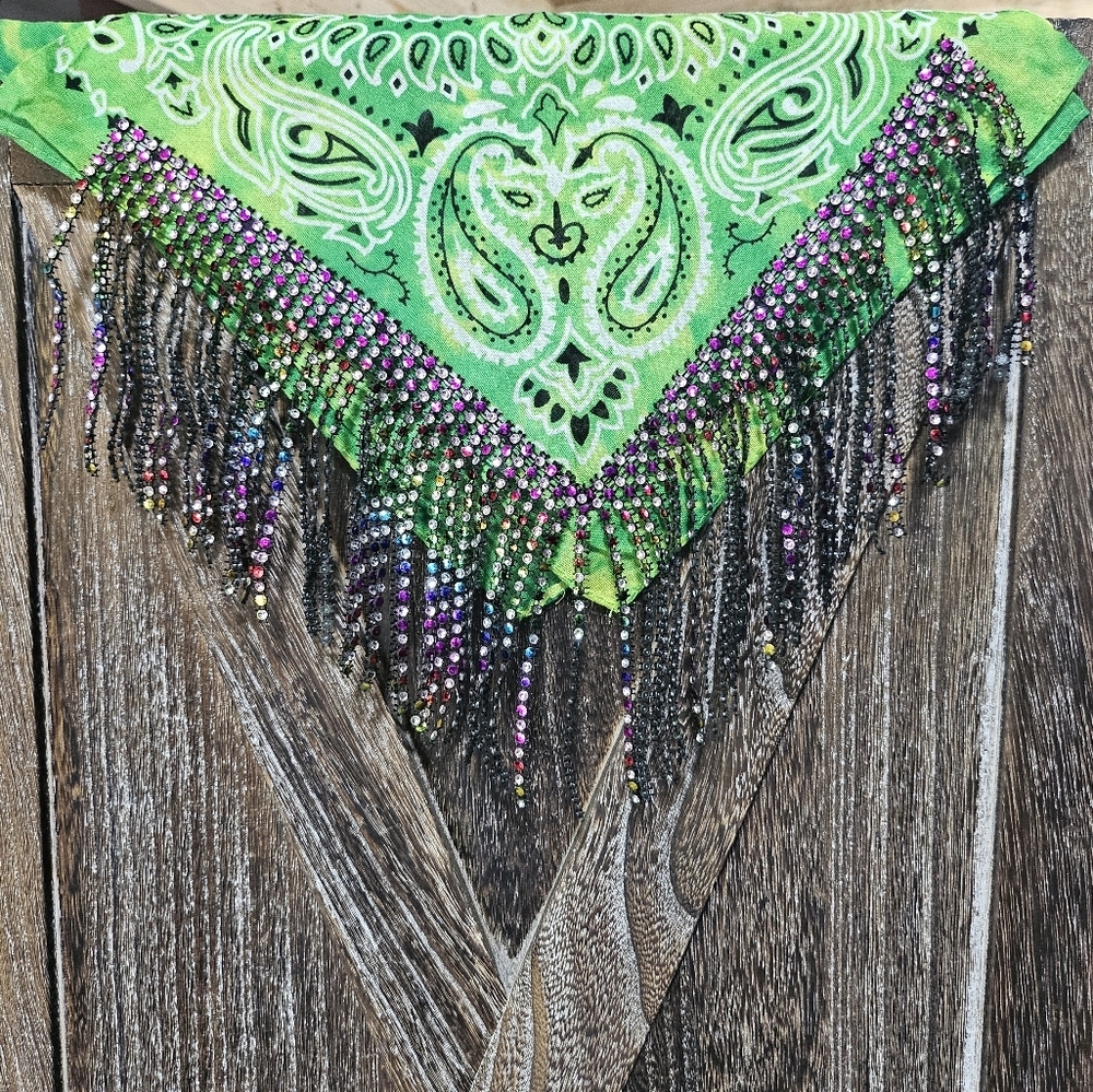 NWT Neon Green Bandana Wild Rag with Beaded Rhinestone Fringe